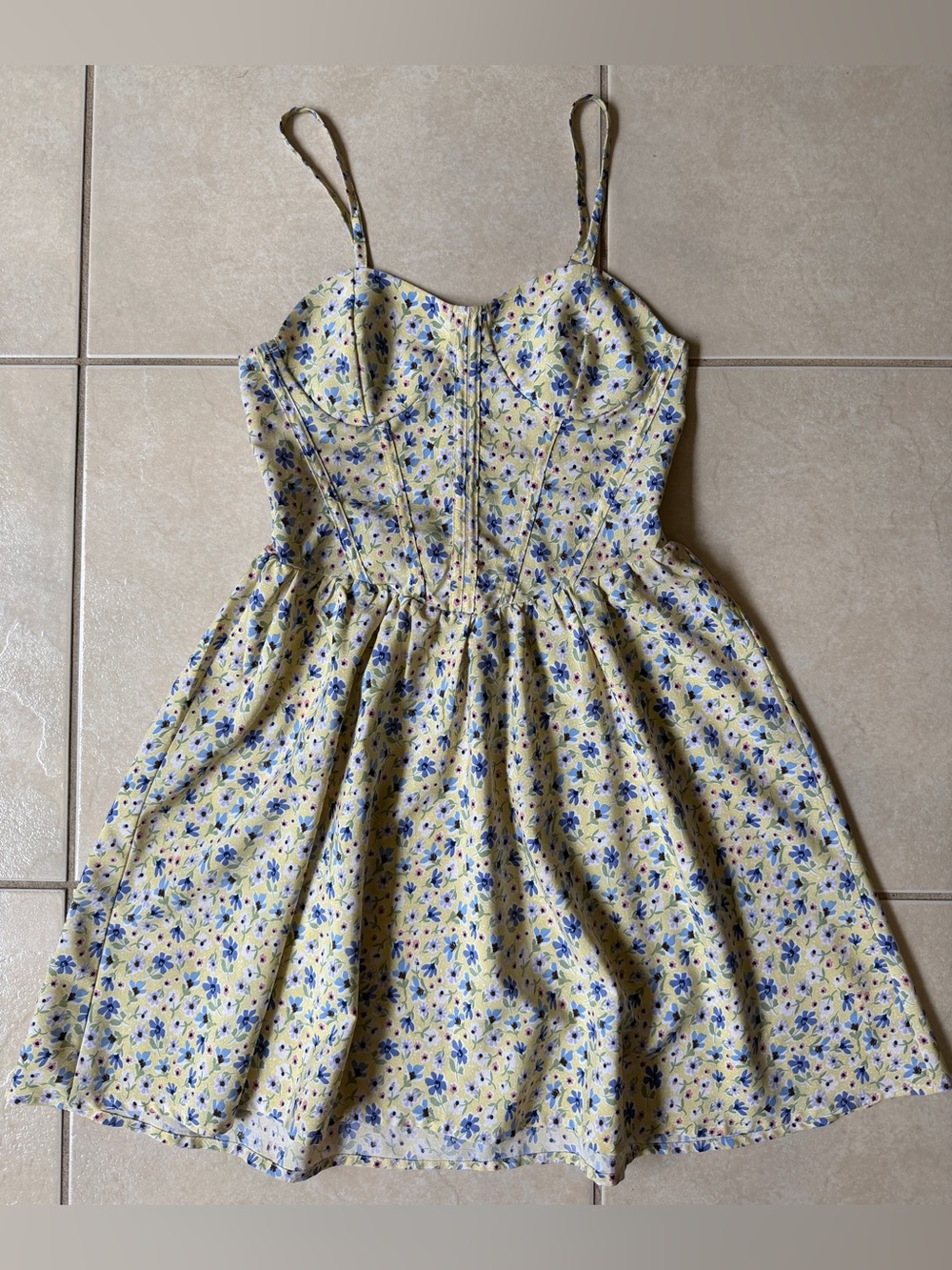 Floral Corset Fit & Flare Mini Dress Yellow Blue Sundress Women's Size XS